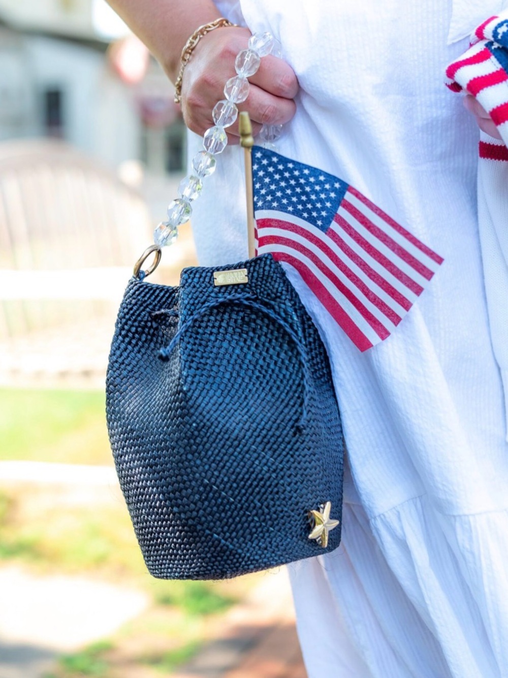 Holly Shae Woven Blue Bucket Bag  Crystal Bead Handle  Like New
